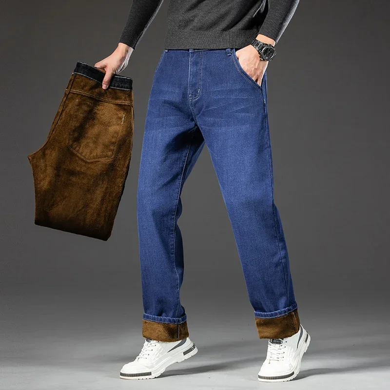 Denim Pants Denim Trousers Men's Fleece Jeans Winter New Plus Size 44 46 Thick Warm Straight Stretch Male Business Casual Work Denim Thicken Trousers