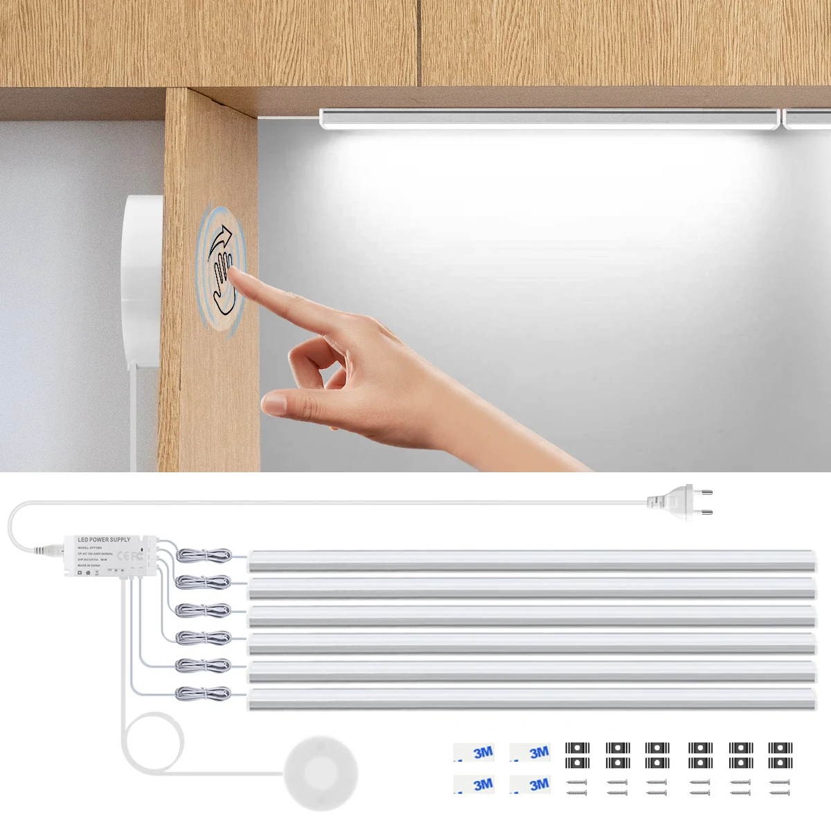 Lumières LED à capteur tactile de mouvement, lumière sans fil, barre lumineuse en bois et aluminium pénétrable, lampe d'armoire, rétroéclairage pour cuisine