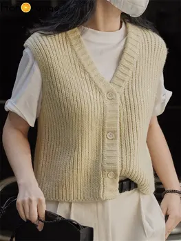 HanOrange 2026 Early Spring Simple V-neck Knitted Vest Women Comfortable Casual Sleeveless Sweater Cardigan Off White/Wood Green