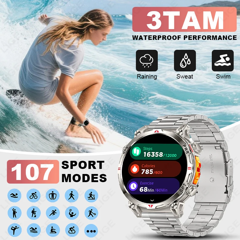 LIGE GPS Smart Watch Professional Sports Men AMOLED Full-Touch Screen 650mAh Battery 3ATM Waterproof Heart Rate Call Smartwatch