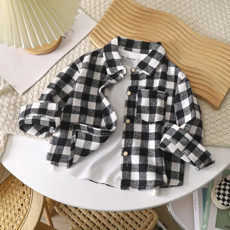 Boys Shirt Long-Sleeved Section Plaid Shirt Children Retro Colour Blocking Cardigan New Lapel Blouse Jacket Girls Shirt