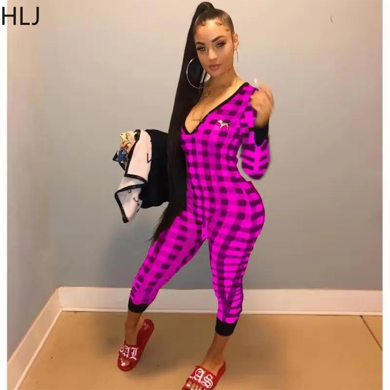 HLJ Sexy Plaid Printing Embroidery Bodycon Jumpsuits Women V Neck Long Sleeve Slim Playsuits Female Party Club One Piece Overall