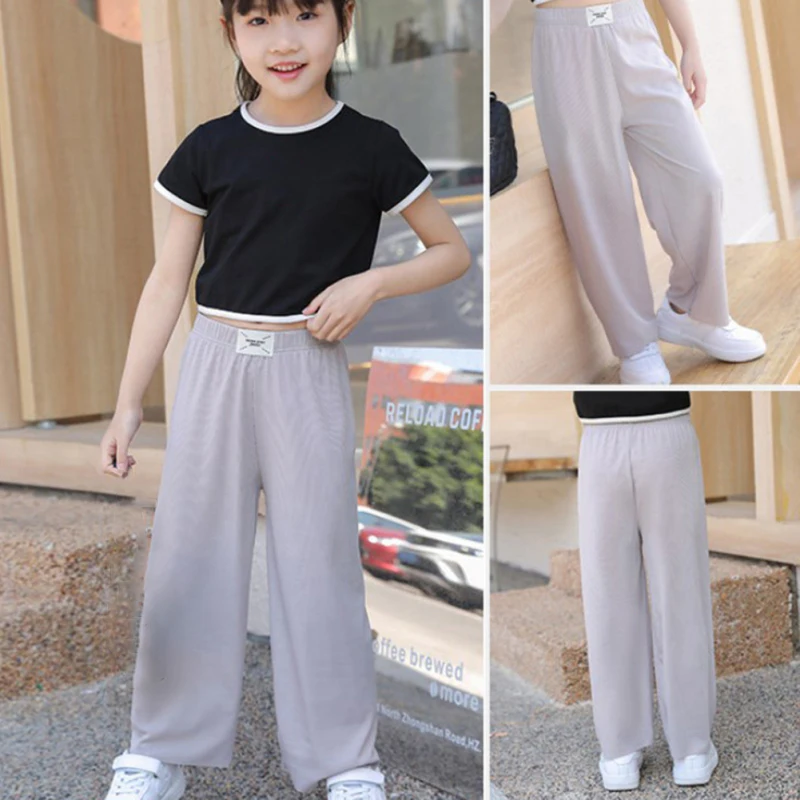 Fashion New Girls Wide Leg Pants Children Girl Casual Straight School Pants Kids Teenager Loose Long Trousers