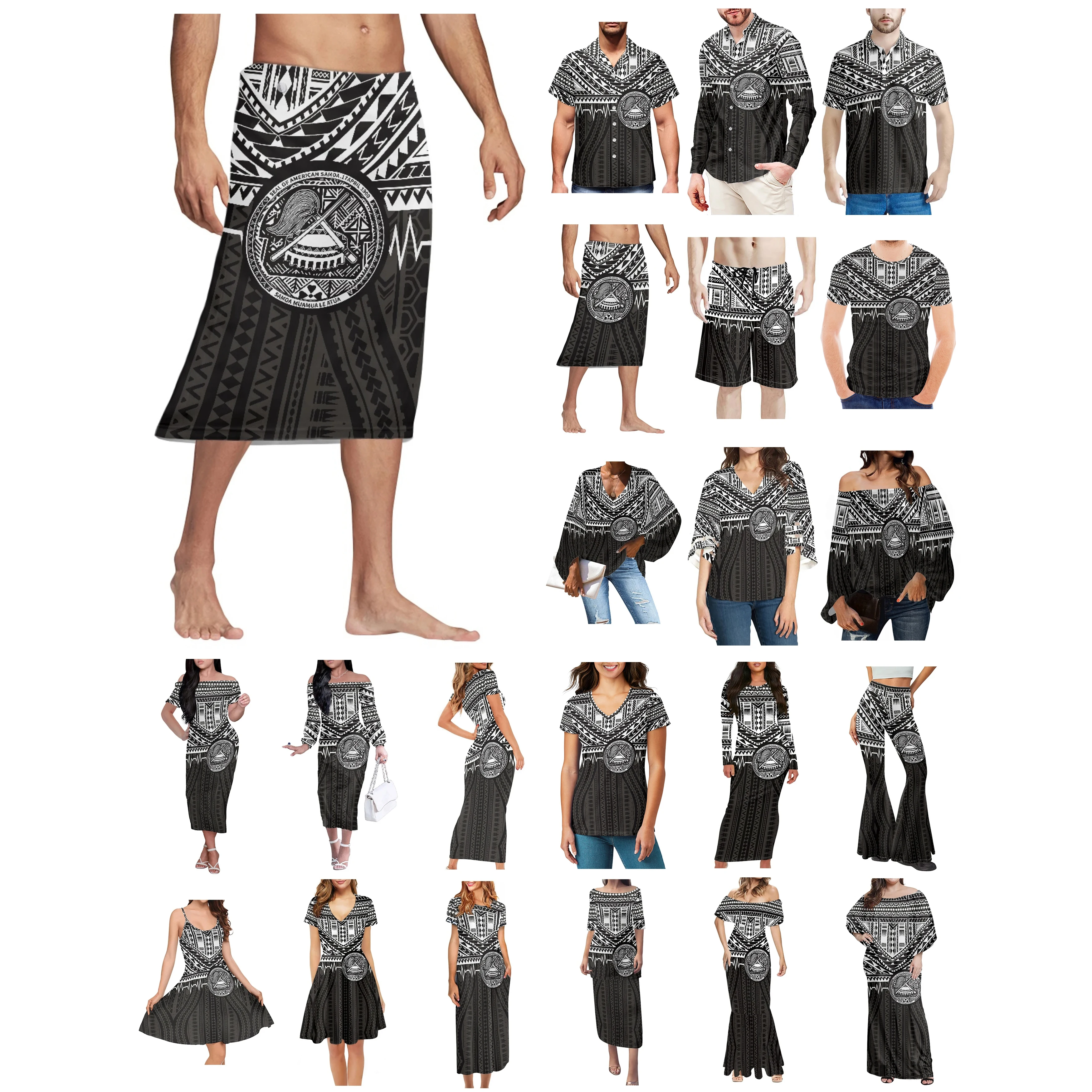 

Polynesian Samoa Tattoo Prints Clothes Women Dress Matching Men Shirt New Style Comfortable Casual Black And White Lovers Clothe