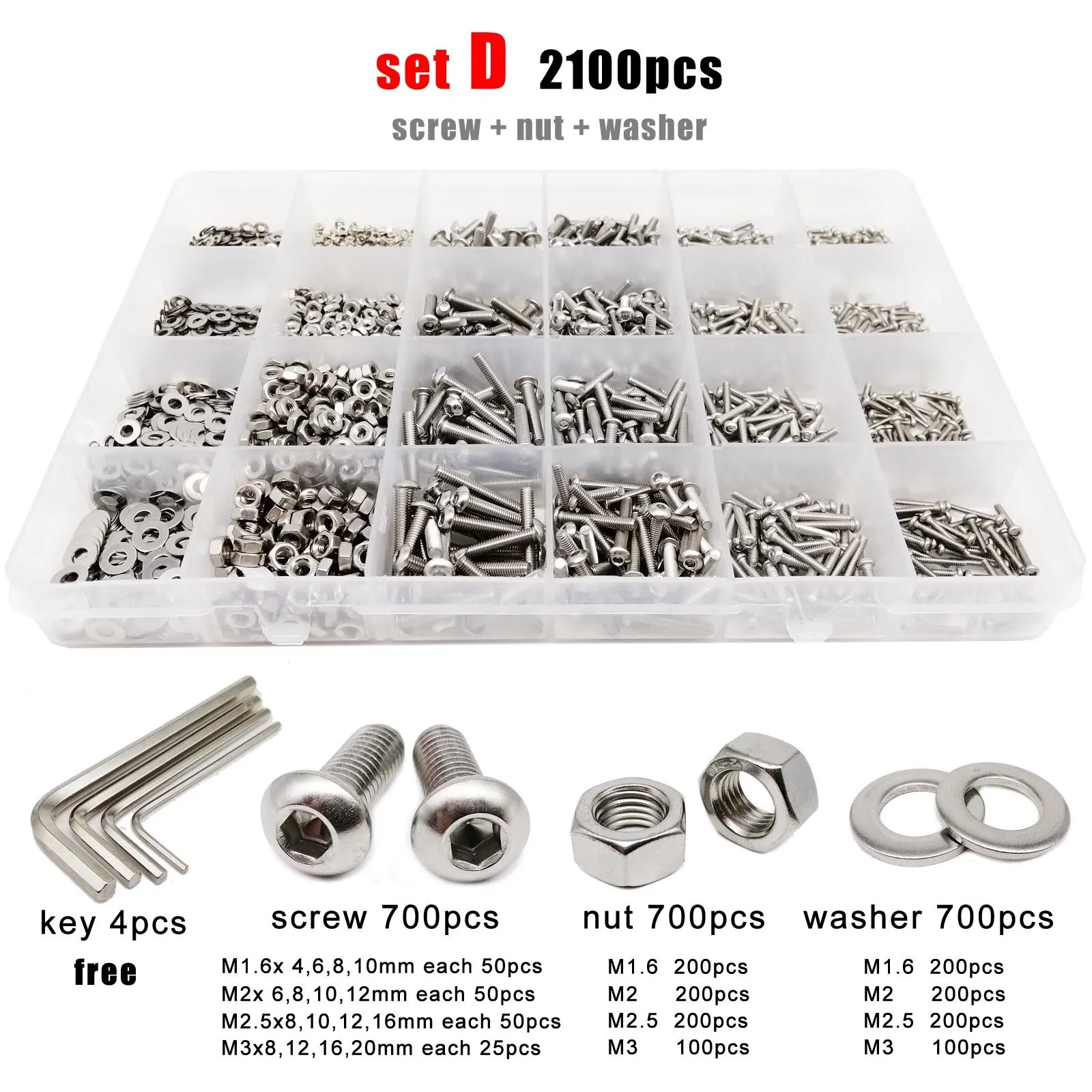 Allen Hexagon Hex Socket Button Round Head Screw Bolt Nut Set Kit M1.6 M2 M2.5 M3 M4 M5 304 Stainless Steel 625/1140/2100pcs Stainless Steel Screws Screw Bolt Nut Set Hex Nuts Assortment Kit Screw Washer Nut Kit Hexagon Socket Head Cap Screw
