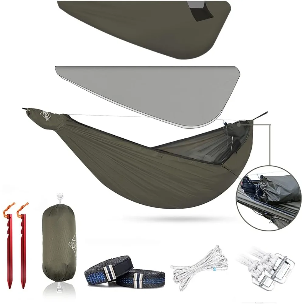 

Camping Hammock with Mosquito Net and Windsock, Lightweight Versatile Hammock with Tree Straps and Bugnet for Winter OD Green