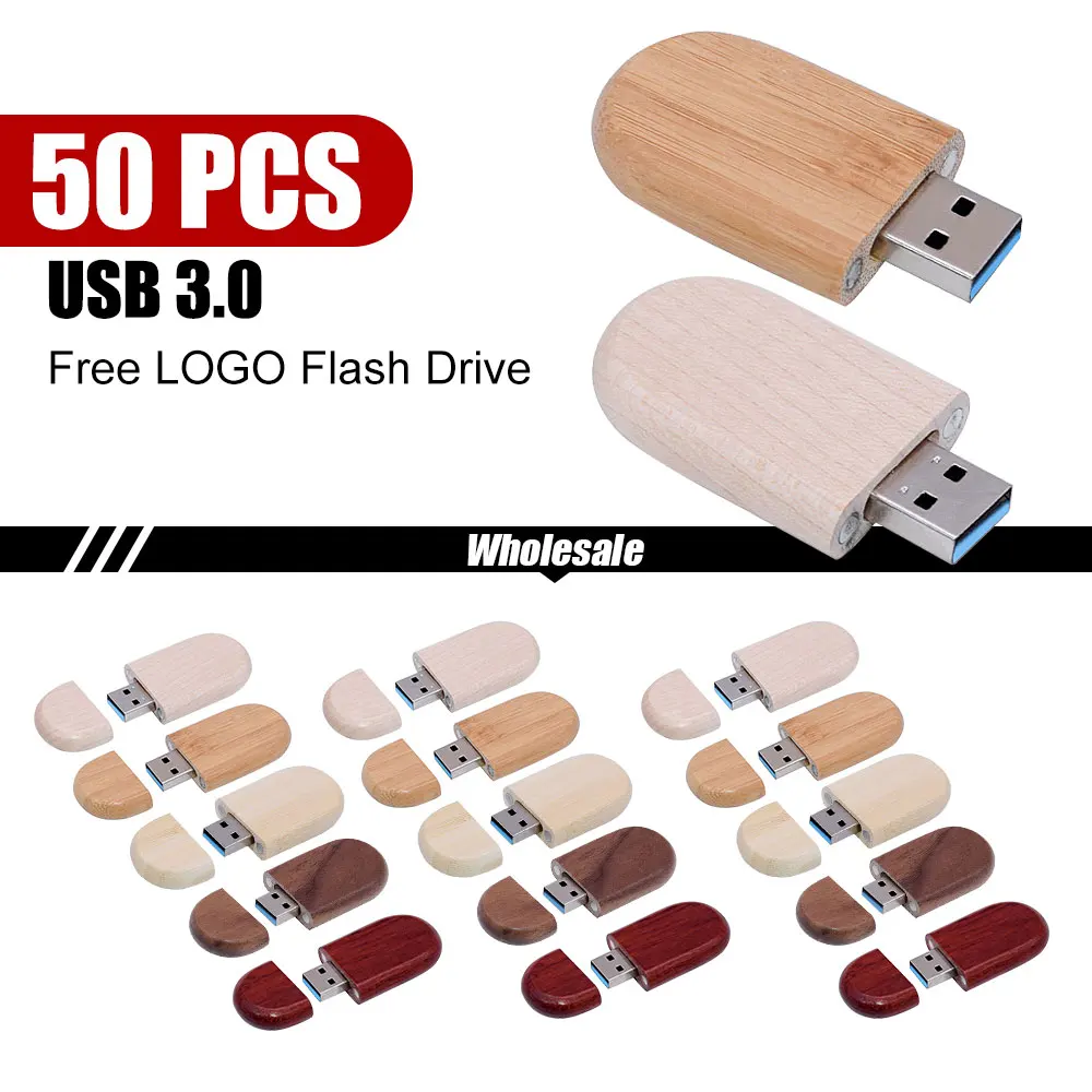 

50pcs Free custom logo USB3.0 Pen Drives Wooden Beans Flash drive 32GB 64GB U Disk128 16GB Memory stick Wedding Photography Gift