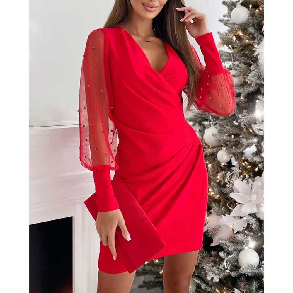 

Women Sheer Mesh Beaded Decro Long Sleeve Party Dress Vestidos Elegant Female Korean Ruched V Neck Midi Dress Trendy Red Dresses