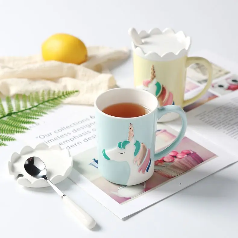 Einhorn Nordic Kaffeetasse, Trinkwasserbecher mit Deckel und Löffel, kreativer Roman, süßes Weihnachtsgeschenk für Frauen, Mädchen, 400 ml – Detail 8