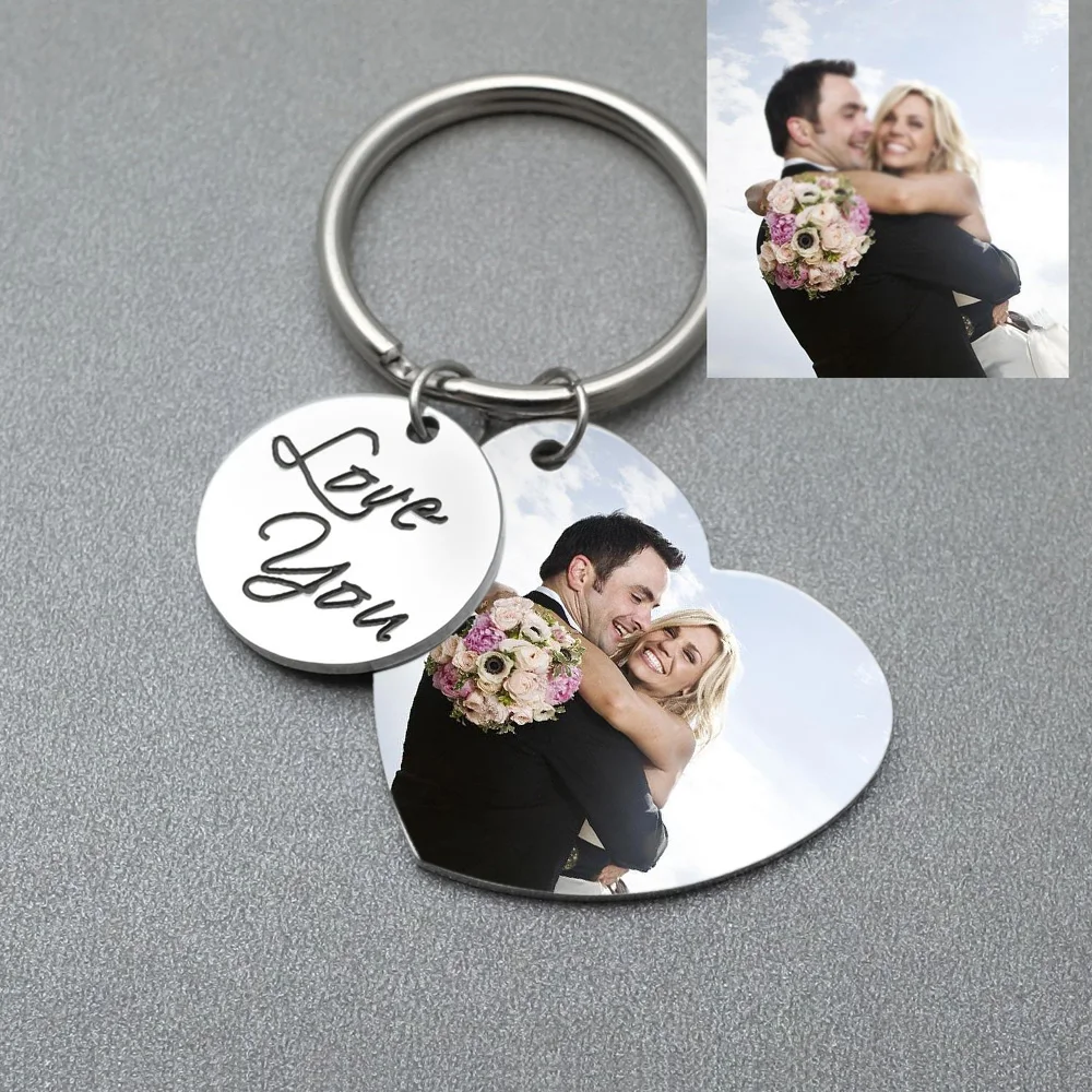 Personalized Photo Keychain Couple Heart Key Chain Custom Engraved Picture Keyring Valentine's Day Gift for Him Anniversary Gift