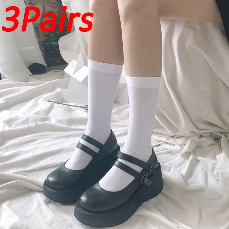 

3Pairs Woman Socks Cute Black White Nylon Lolita Long Stockings Solid Knee High Sock Fashion Kawaii Cosplay Sexy Nylon Stocking