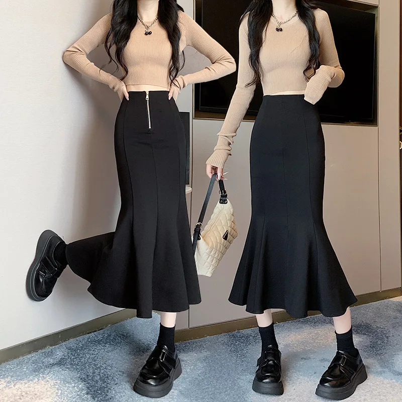 

Fishtail Skirt For Women 2023 Autumn New Mid-length High Waist Slimming Slit Ruffled Sheath Skirt