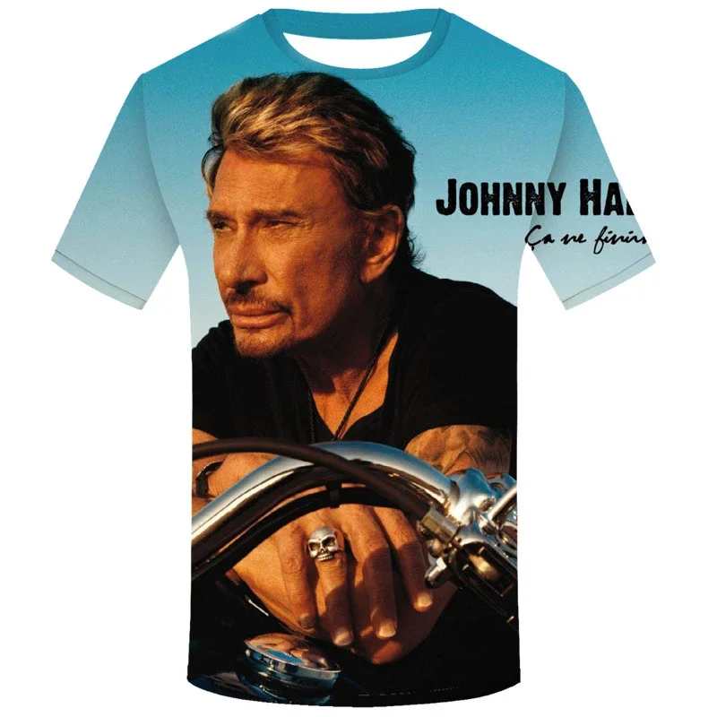 Camiseta de verano para hombre, cantante Johnny Halladay, estampado 3D, cuello redondo, informal, manga corta, talla grande, moda