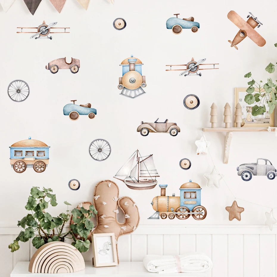 Watercolor Cartoon Airplane Train Wall Stickers Hot Air Balloon Stickers for Kids Room Nursery Decoration Wall Decals wall stickers vinyl decal stickers children room decoration
