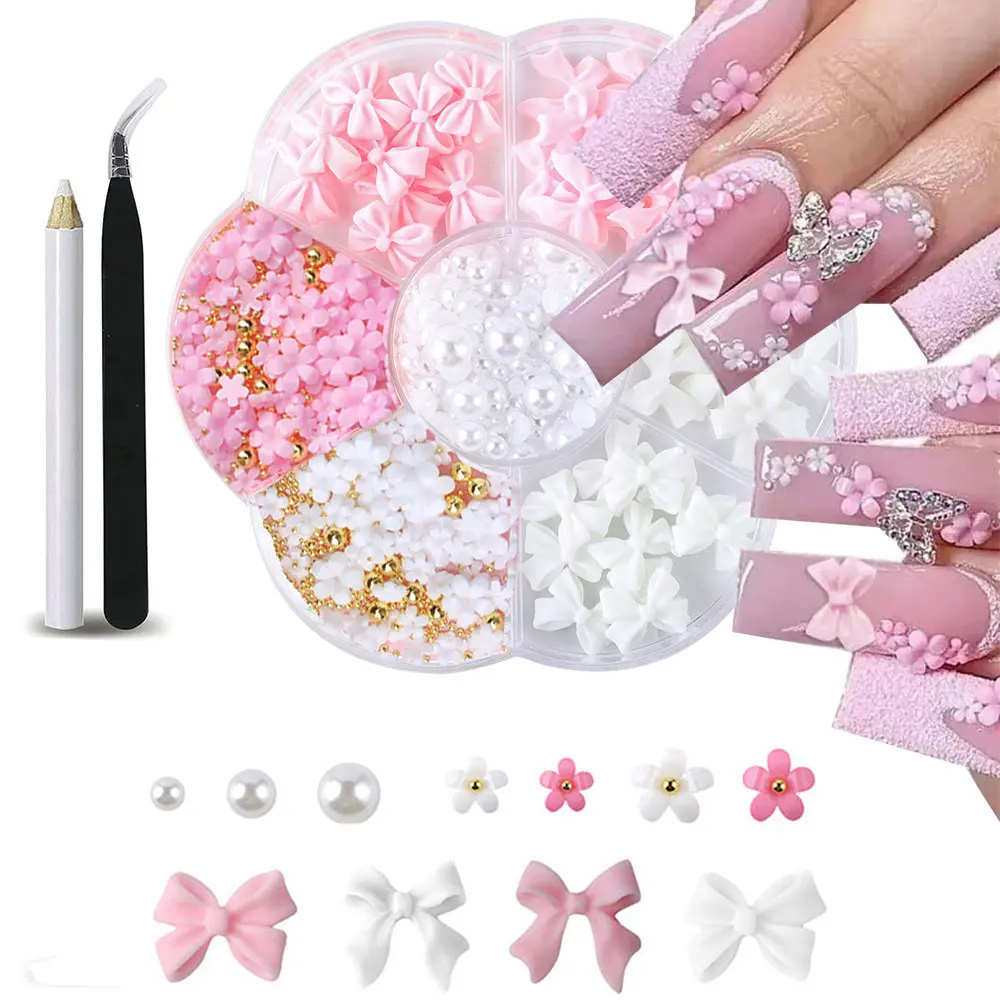3D Flower Bow Nail Art Decorations Kit 1box Pink/White Acrylic Floral/Peal Beads with Wax Pen/Tweezer 4/6mm
