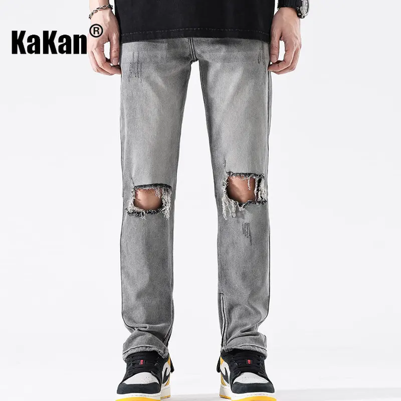 Kakan - New High Street Washed Hole Zippered Jeans for Men, Black Grey Slim Fit Long Jeans K24-JX5578