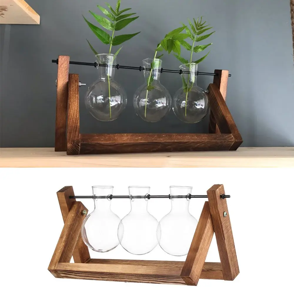 Hydroponic Vintage Glass Vase with Wooden Frame