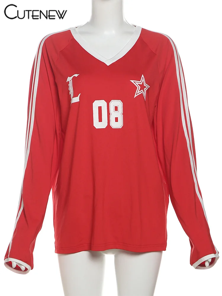 Football Track Women T-shirts Autumn Printed Striped Long Sleeve V-neck Oversized Tops Female Active Casual Streetwear