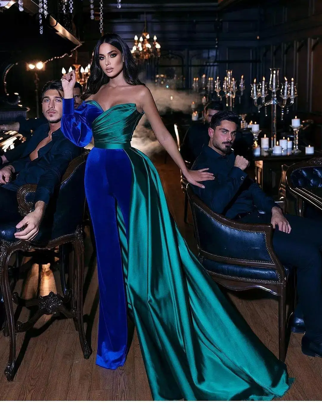 

Velvet And Stain Women Evening Dress Custom Made Blue & Green One Shoulder Patchwork Jumpsuits Strapless Prom Gown