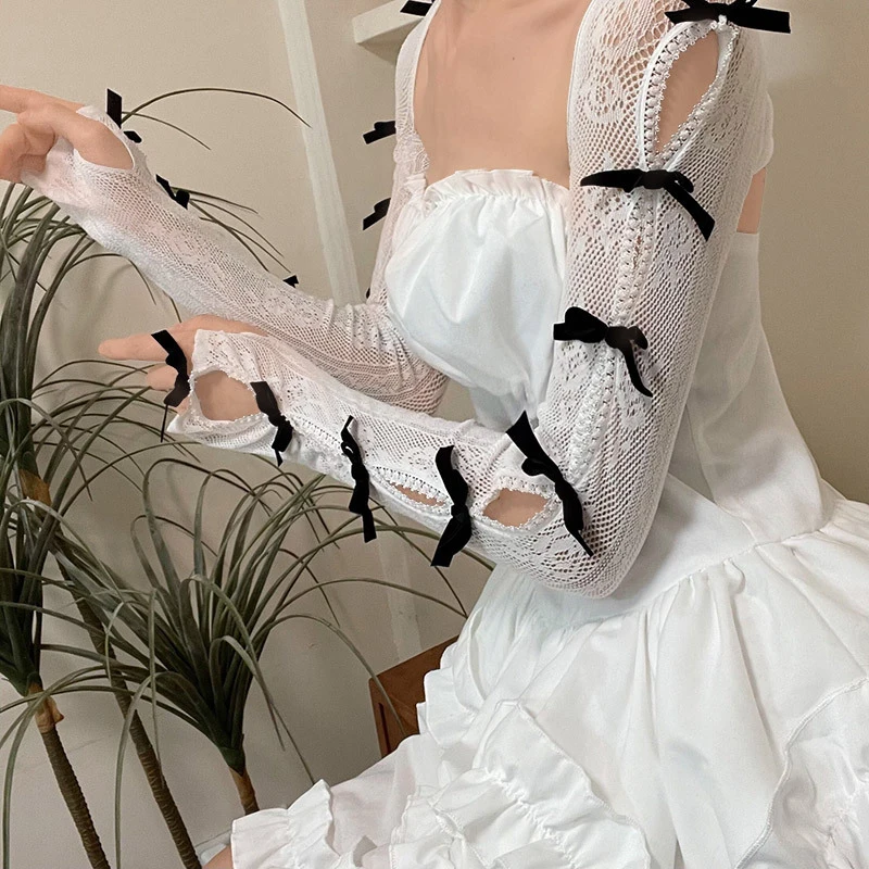 Cute One-piece Lace Bow Sleeves Shawl Arm Warmer Lolita Sweet Jk Mesh Flock Oversleeve Sunscreen Fingerless Long Gloves Women