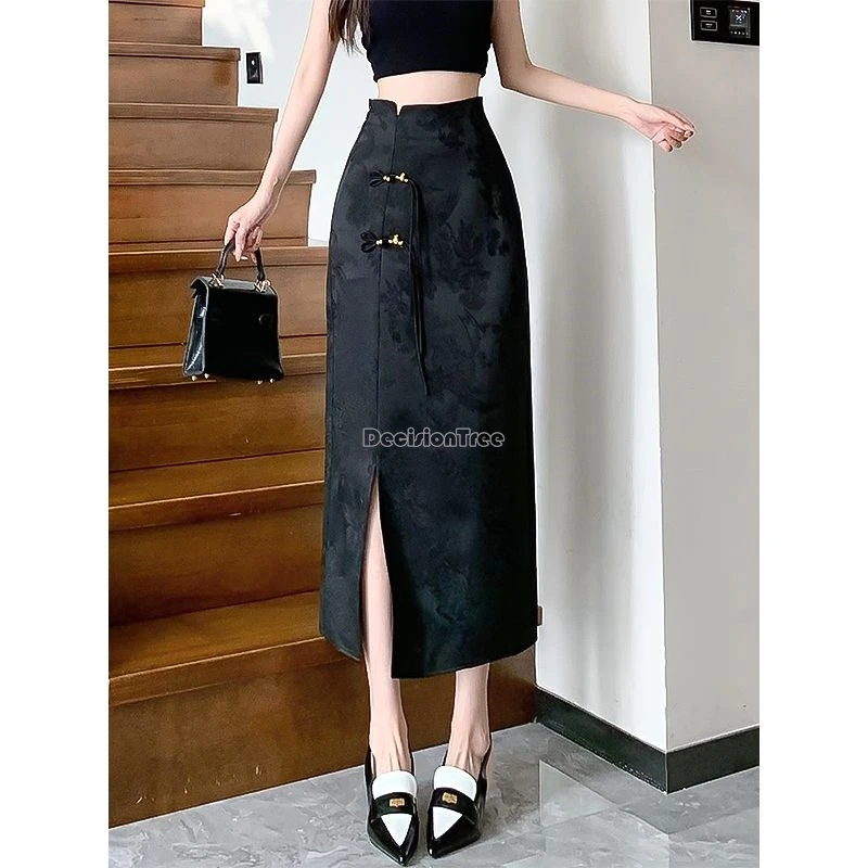 chinese improved retro style cheongsam button skirt chinese women elegant fashion jacquard slit hip wrap midi skirt b118