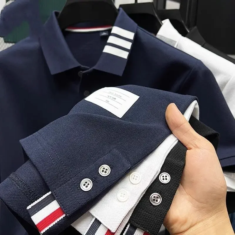 

High End Luxury Brand Men's Polo Shirt 2024Summer Lapel Embroid Short Sleeved 100%Cotton T-Shirt Slit Hem Korean Casual Menswear