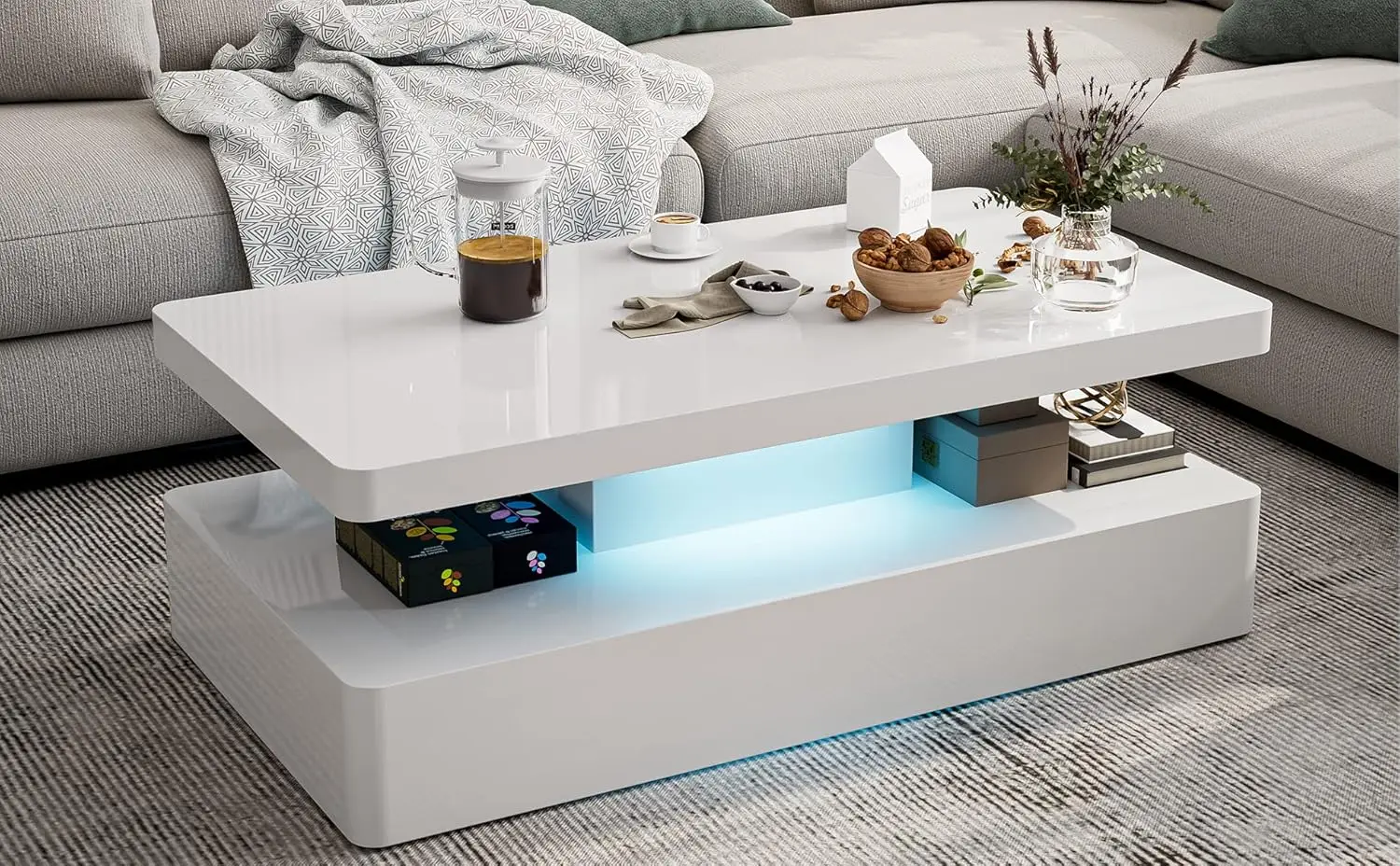 LED High Glossy Coffee Table Modern Coffee Table for Living Room 2 Tiers Rectangle Design Coffee Table with 16 Colors LED Lights 3