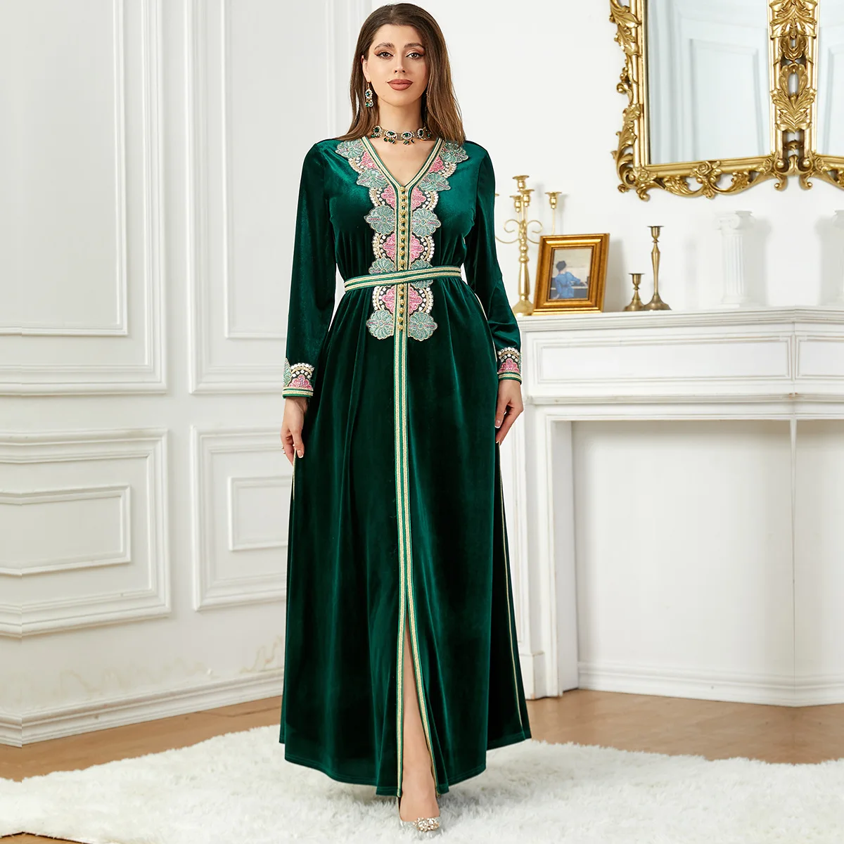 

Muslim Women Velvet Embroidery Maxi Dress Dubai Turkey Kaftan Morocco Abaya Islamic Jalabiya Arab Robe Belted Party Gown Caftan