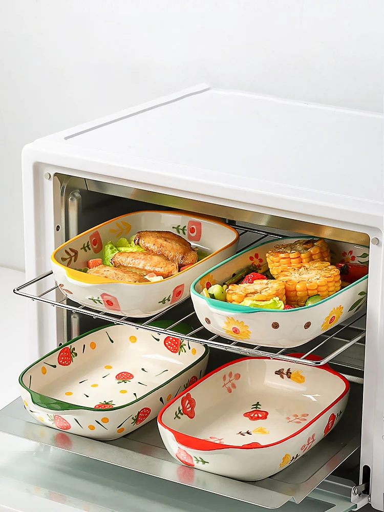 Binaural Ceramic Rectangular Baking Plate Cheese Baked Rice Plate Household Salad Cute Printed Baking Bowl Utensils