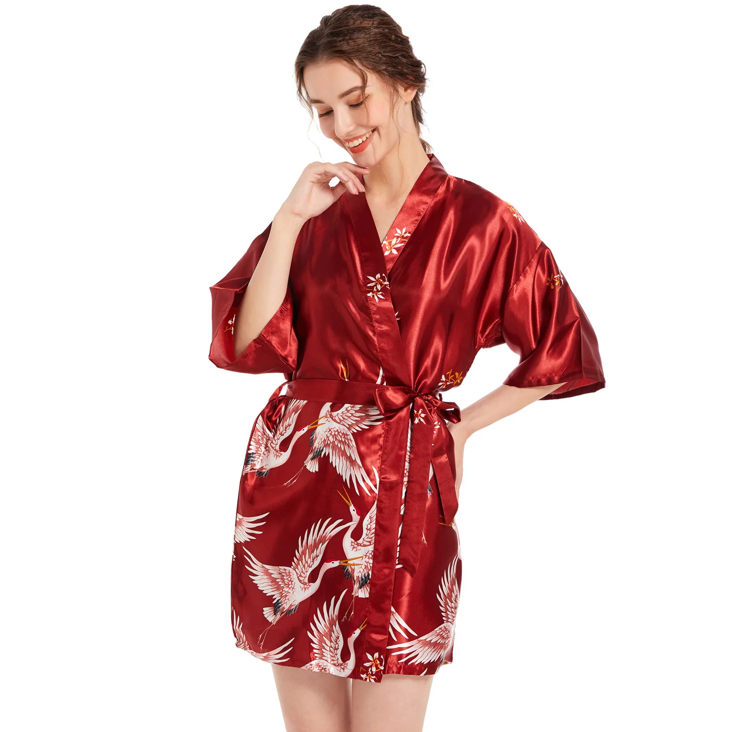 

1pcs/lot woman simulated silk robe lady crane print satin summer night gowns