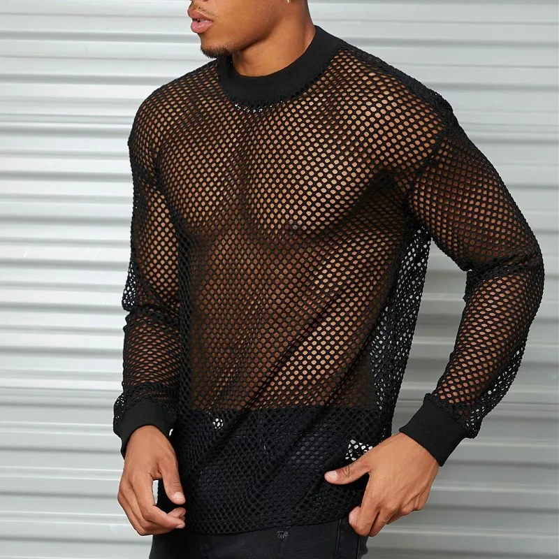 

Men Causal T-shirts Mesh Fishnet Long Sleeve Shirts See Through Breathable Quick Drying Sports Pullover Fitness Undershirts 4XL