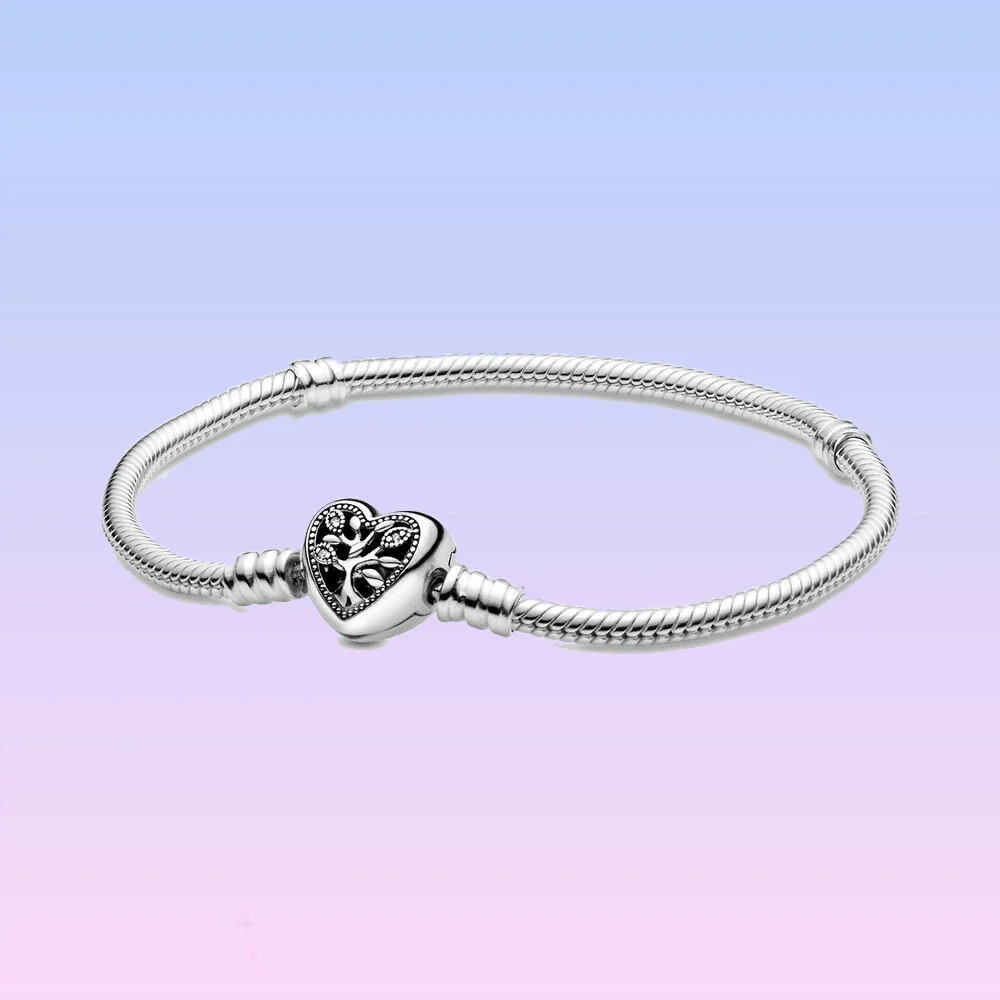 

925 Sterling Silver Pandora Moments Family Tree Heart Clasp Snake Chain Bracelet fit Original Charm DIY for Women Birthday Gifts