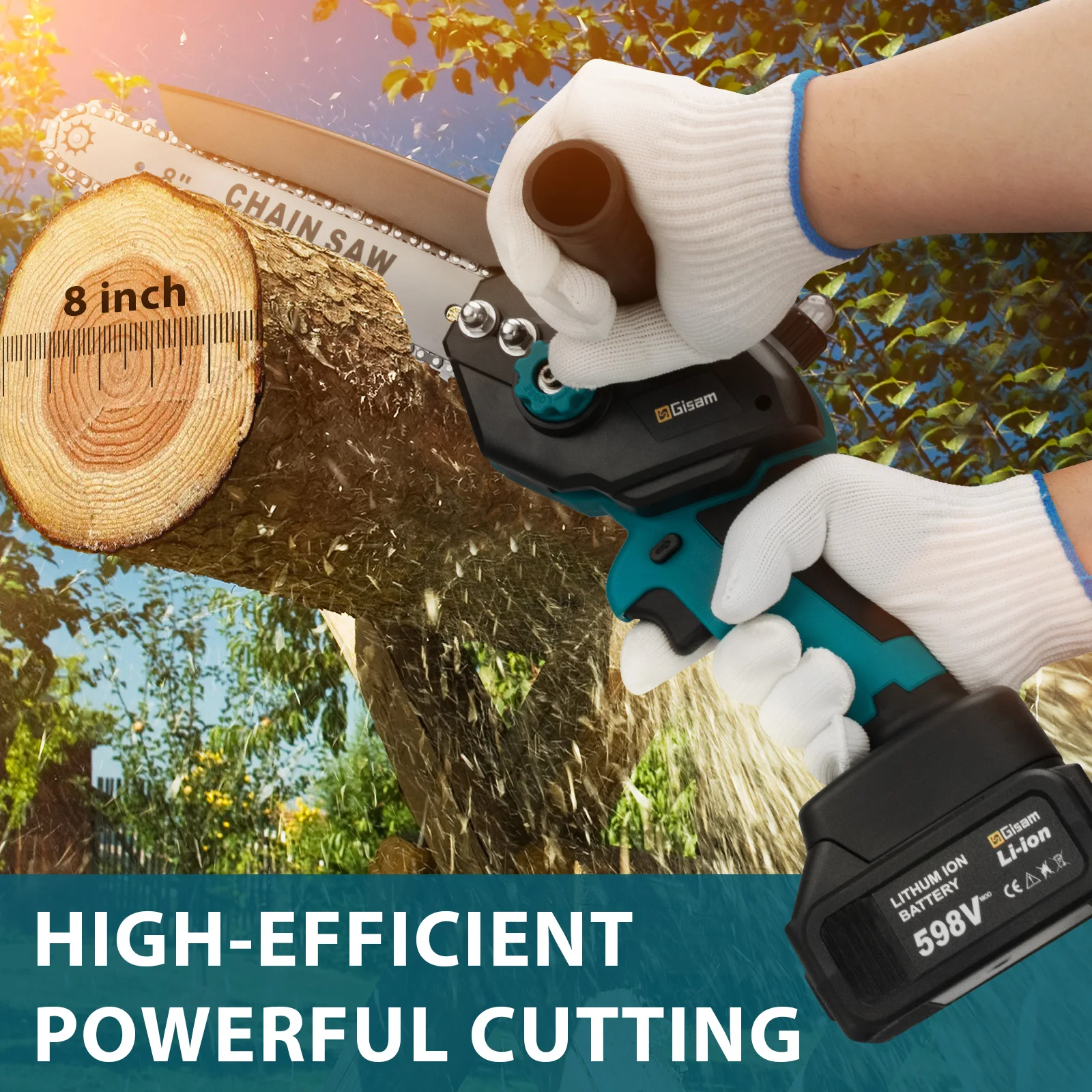 Gisam 8 Inch Brushless Chain Saw with Oil Can Cordless Handheld Pruning Chainsaw Woodworking Electric Saw Cutting Power Tools 3