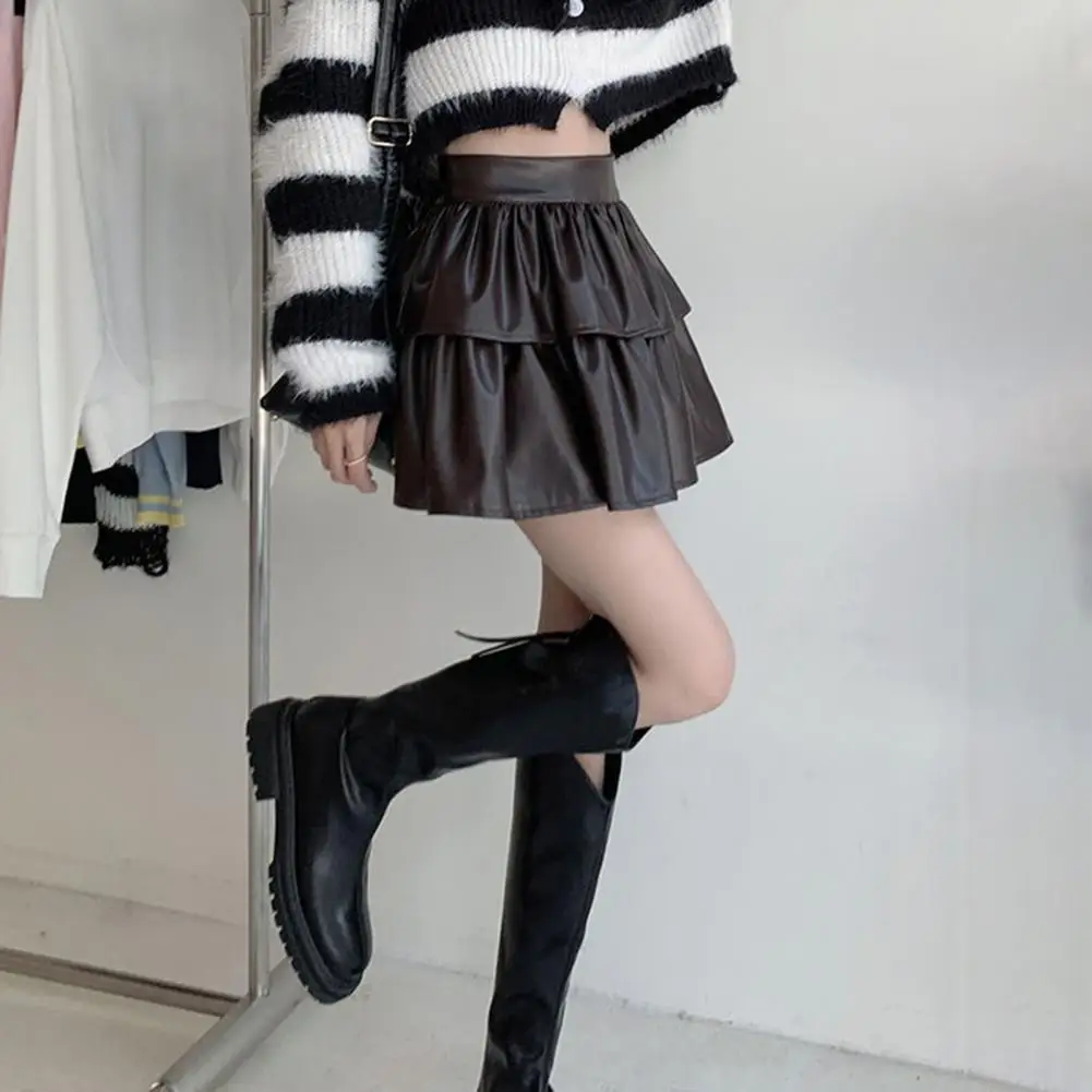 

Fluffy Stylish Spring Autumn Faux Leather Skirt Korean Style Tutu Skirt Pleated Hem Female Clothing