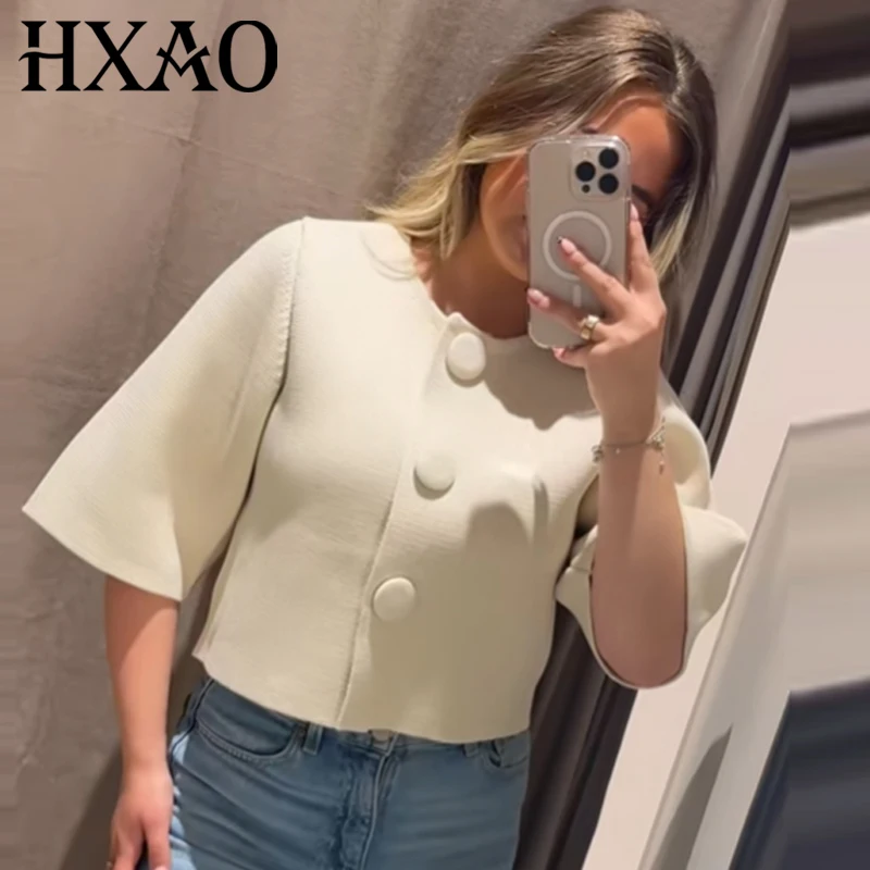 HXAO Women's Cropped Knit Cardigan Summer 2026 Elegant Off White Button O-Neck Short Sleeve Tops For Woman Resort Bolero Sweater 1