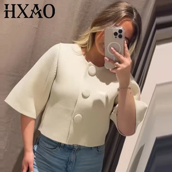 HXAO Women's Cropped Knit Cardigan Summer 2026 Elegant Off White Button O-Neck Short Sleeve Tops For Woman Resort Bolero Sweater 1