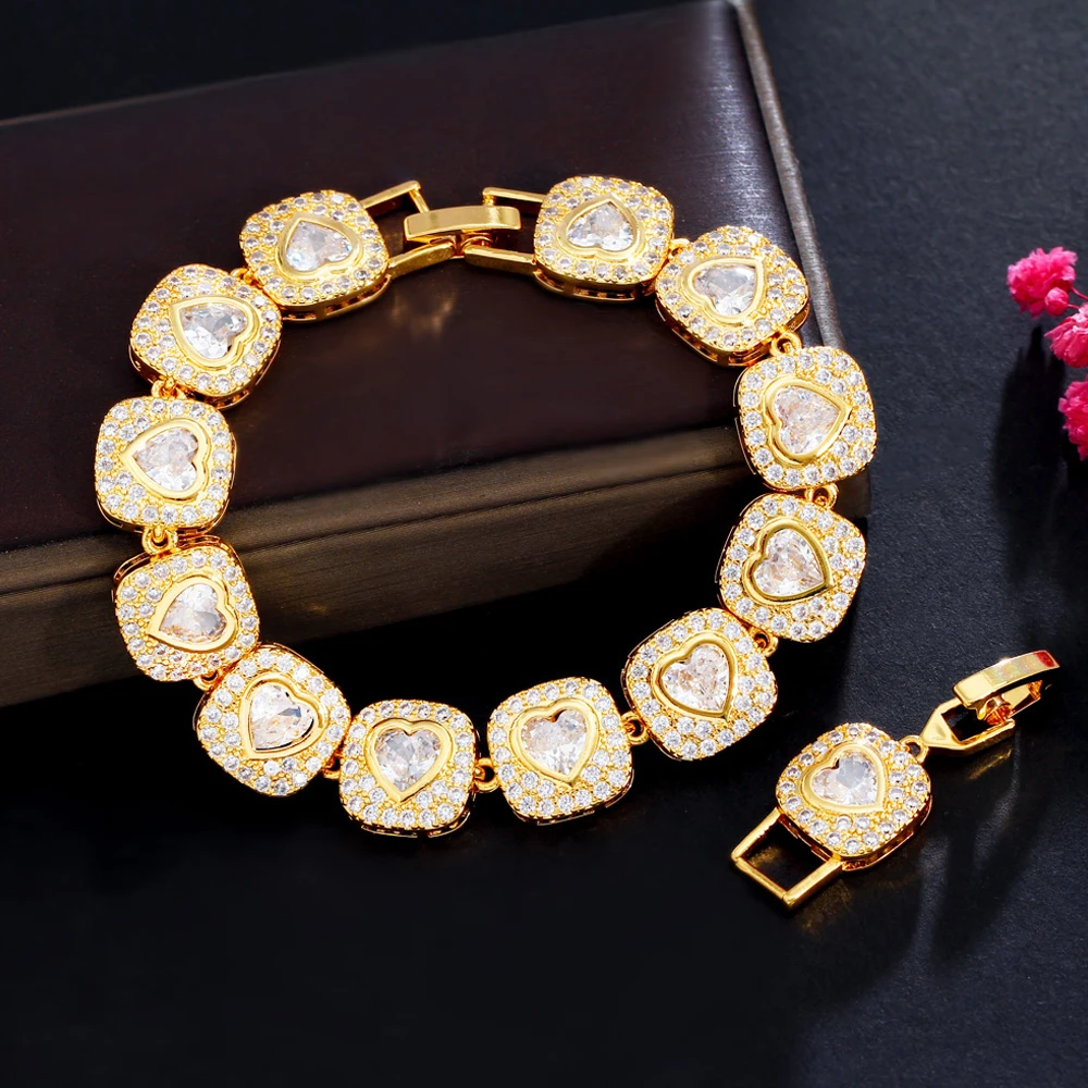 ThreeGraces Shining White Cubic Zirconia Gold Color Luxury Love Heart CZ Tennis Bracelet for Women Fashion Hip Hop Jewelry BR250