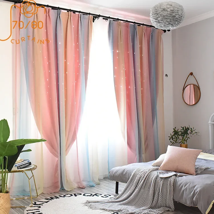 

Gradual Change Hollow Out Star Double-layer Window Screen Curtains for Living Room Children's Bedroom French Window Customized