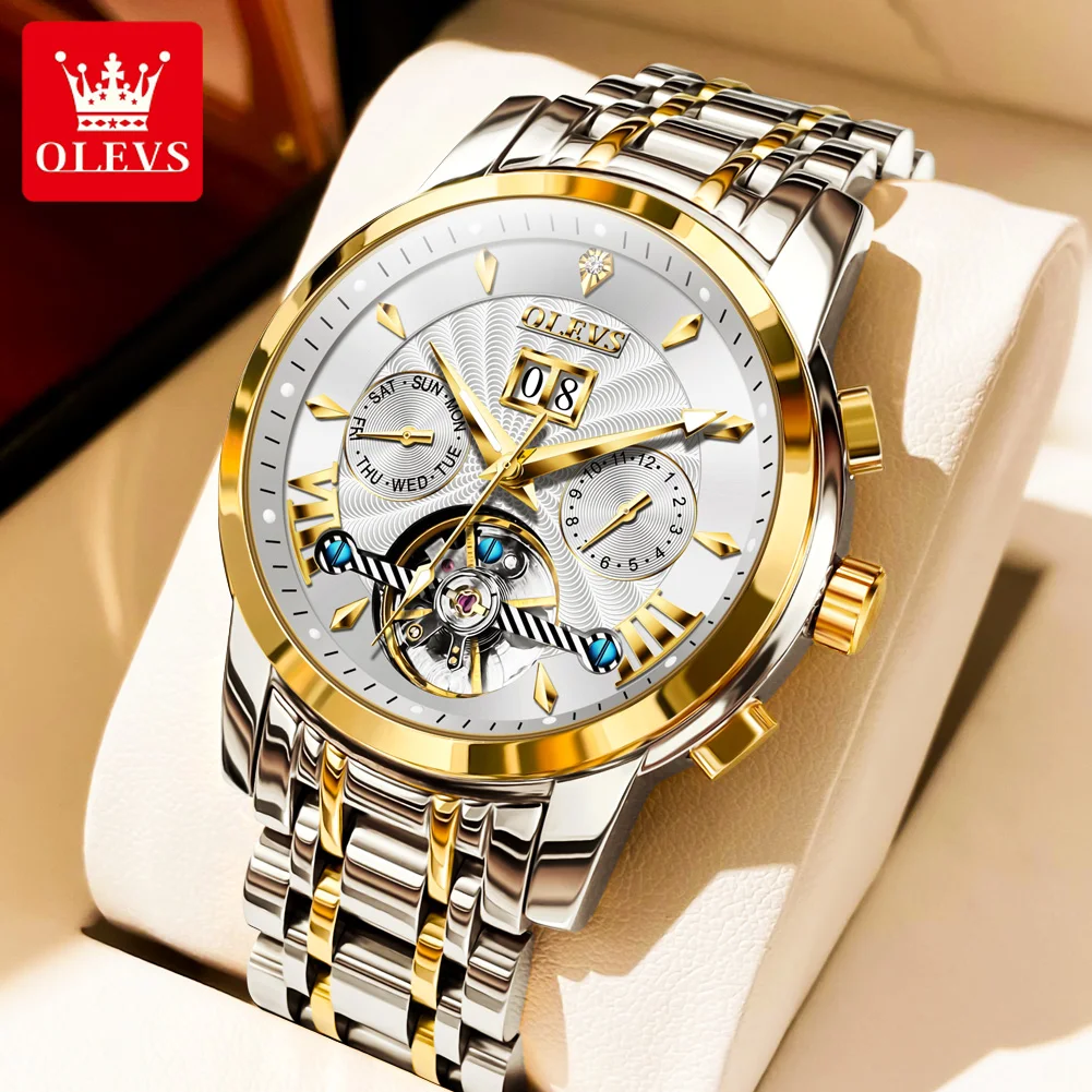 

OLEVS Brand New Luxury Gold Mechanical Watch Men Stainless Steel Waterproof Fashion Tourbillon Watches Mens Relogio Masculino