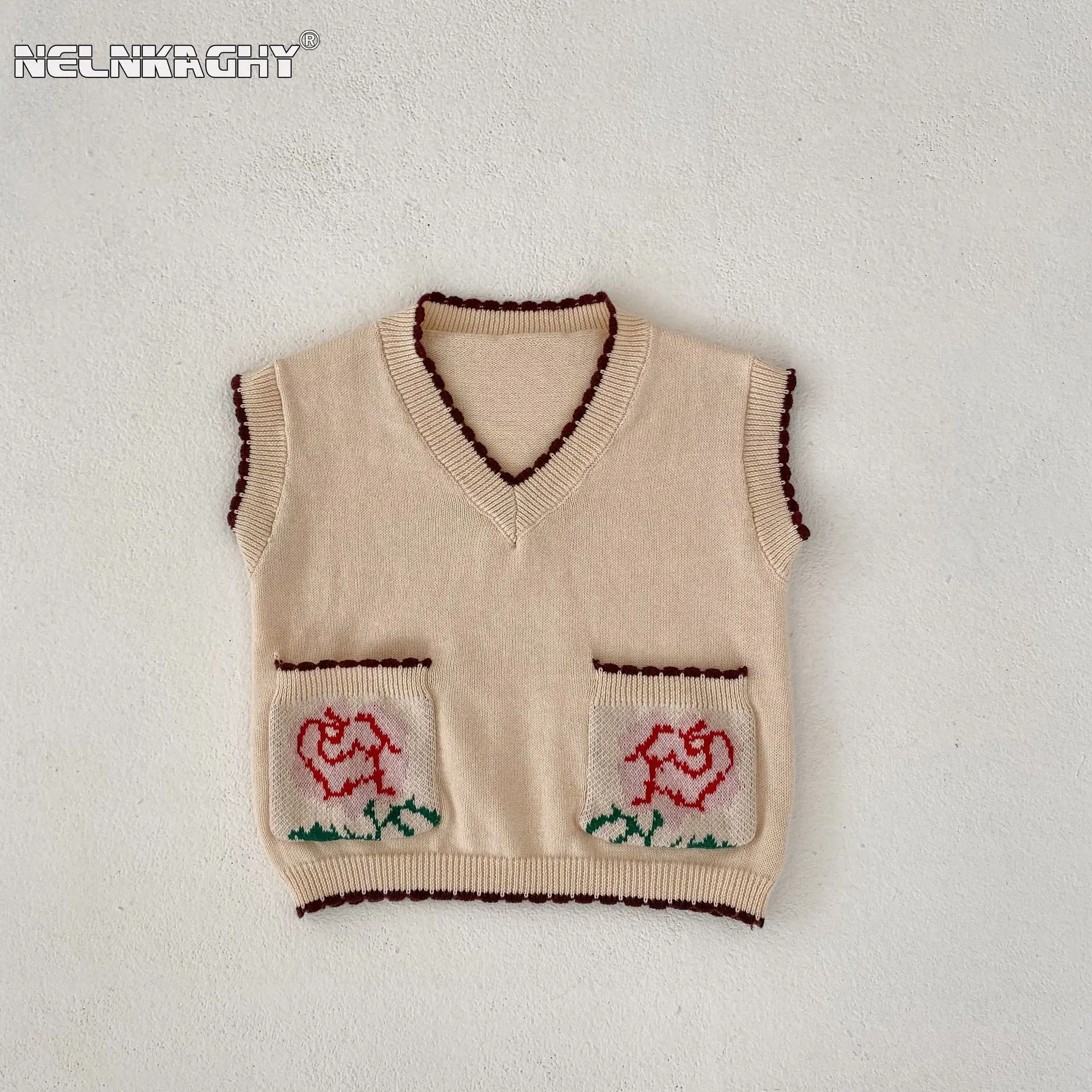 

2023 Autumn Infant Baby Girls Sleeveless Embroidery Flower Pocket Top Vest Toddler Kids Cotton Outwear Knitted Clothing 0-3Y