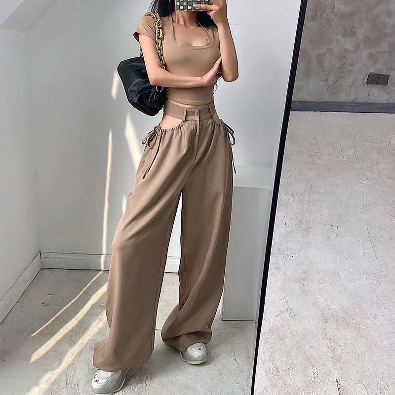 

Women Wide Leg pants High Waist Hollow Out High Street Straight Pants Casual Pleated Drawstring Trousers 2023 New Female Clothes