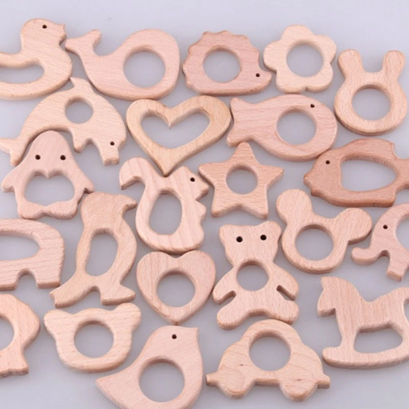 Baby Teething Toys 1pc BPA Free Beach Wood Baby Teether Leaf Shape Wooden Newborn Teething Ring Unfinished Baby Grasping Montessori Bracelet Toys