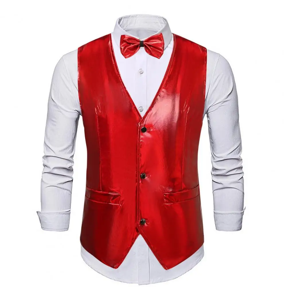 

Men Vest Retro Disco Men's Vest Bow Tie Set for Groom Wedding Party Glossy V Neck Waistcoat with Adjustable Back Buckle Pockets