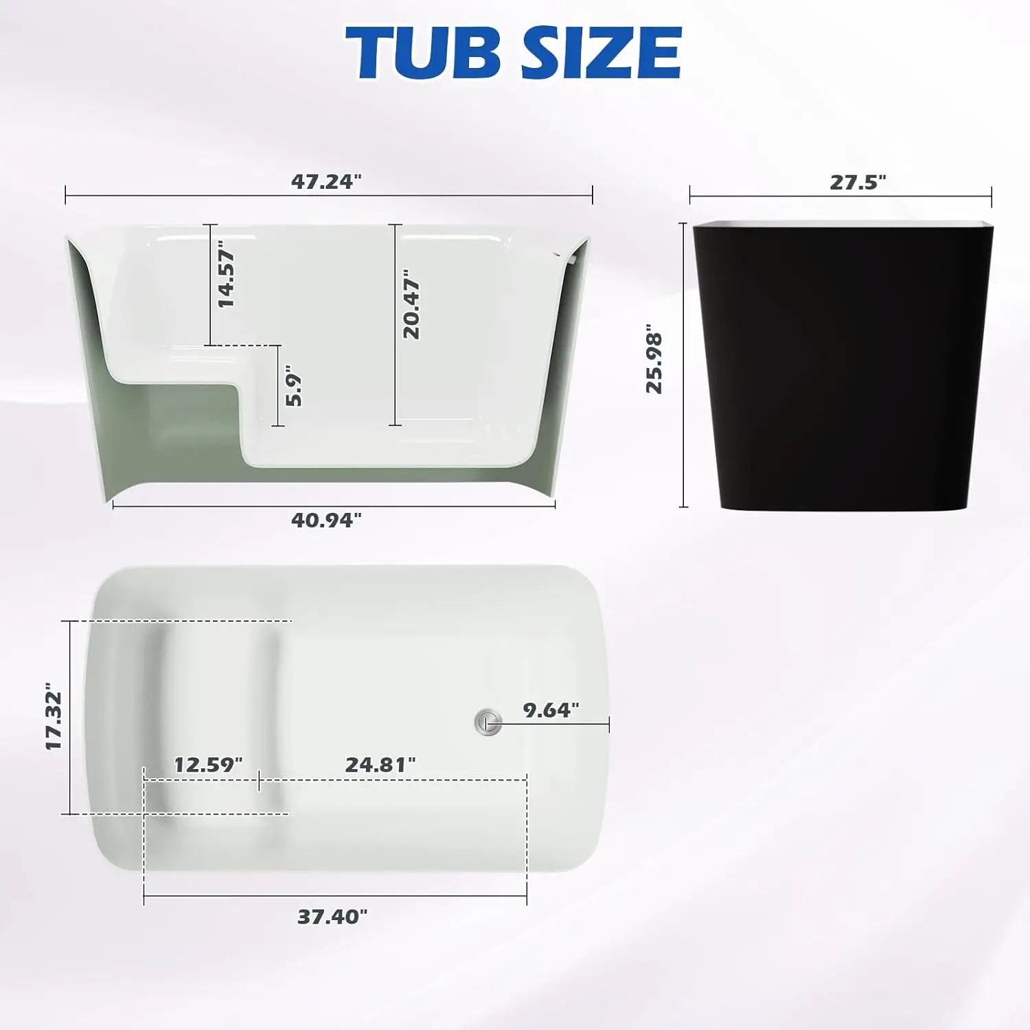 47" Lucite Acrylic Freestanding Bathtub Square Shape Janpanese Soaking Tub with Seat Desgin Toe tap Chrome Right Drain Slotted