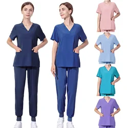 Women Medical Uniforms Elastic Scrubs Sets Hospital Surgical Gowns Short Sleeve Tops Pant Nursing Accessories Doctors Clothes