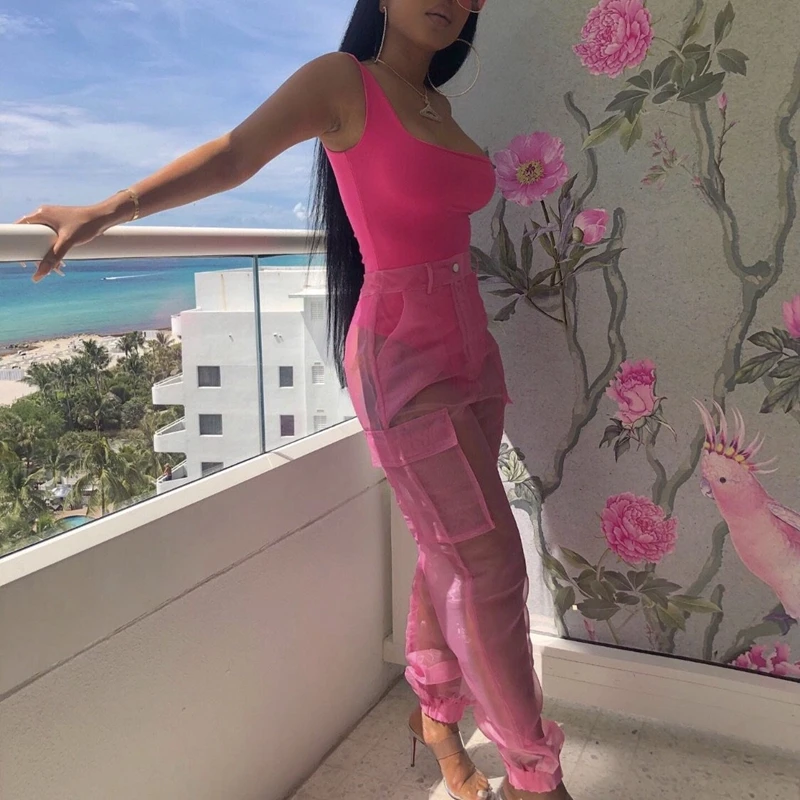 Doyerl Neon Two Piece Set Top and Pants Tracksuit Women Festival Clothing Bodysuit Cargo Pants Mesh Summer