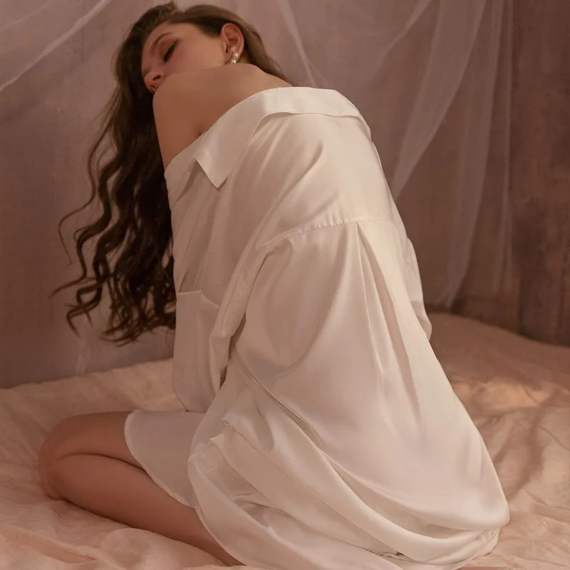 Sexy Pajamas 2021 New White Shirt Women's Nightdress Summer Ice Silk Large Size Long-sleeved Home Clothes