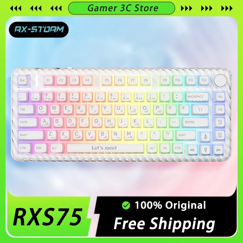 

Игровая клавиатура RX S75, многофункциональная беспроводная игровая клавиатура RGB с тремя режимами, с низкой задержкой, офисные аксессуары для ПК и геймеров