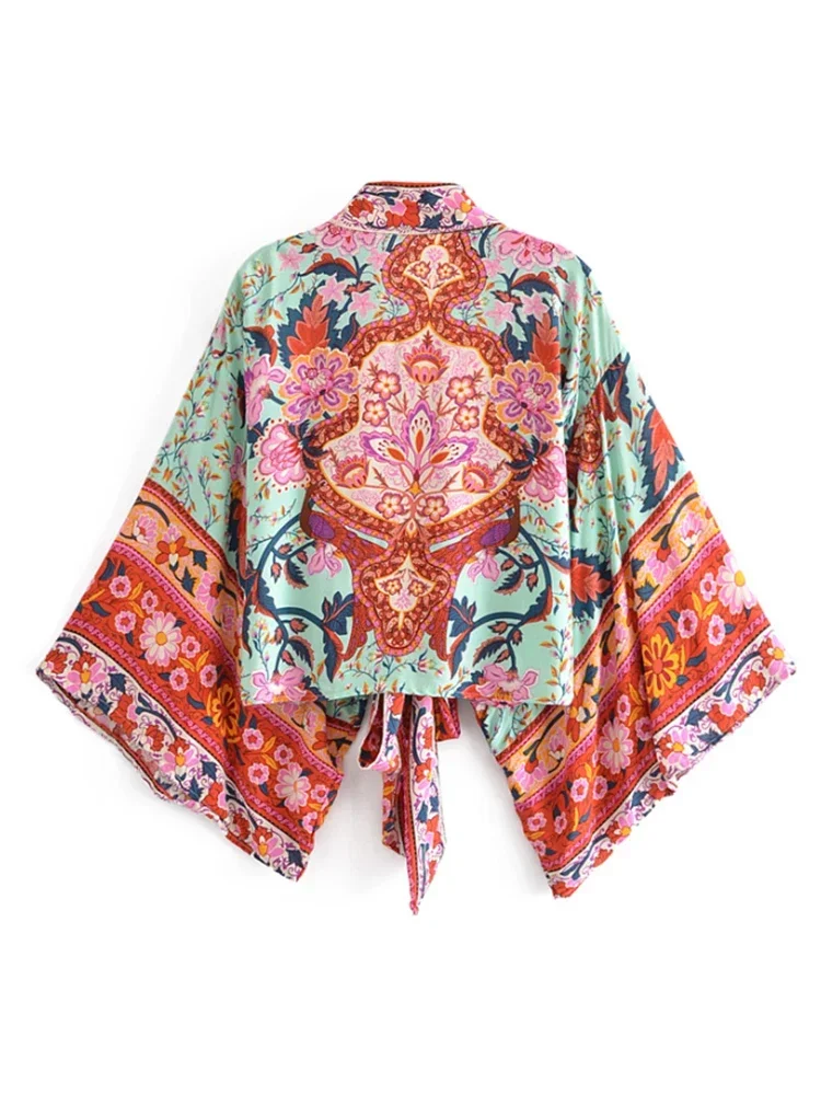 Boho Vintage Floral Print Beach Summer Short Kimono Women Fashion Ladies Casual V Neck Batwing Sleeves Bohemian Cover-ups beach cover swimsuit cover beach dress