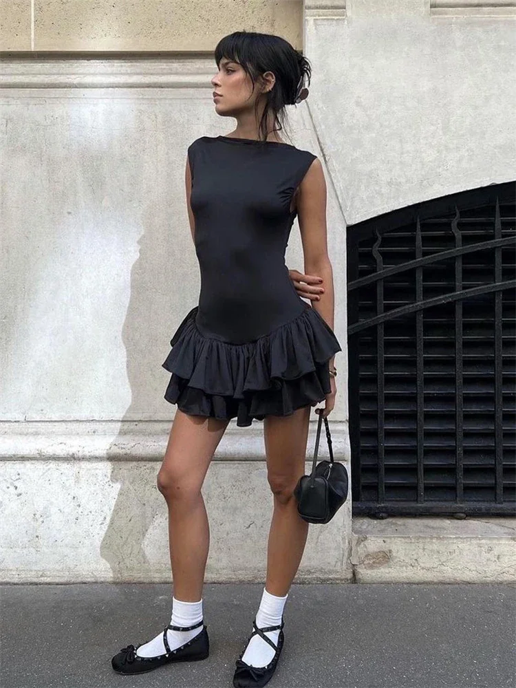 Women's Bodycon Ruffle Hem Mini Dress - Sleeveless Tiered Tank Dress For Parties & Night Out